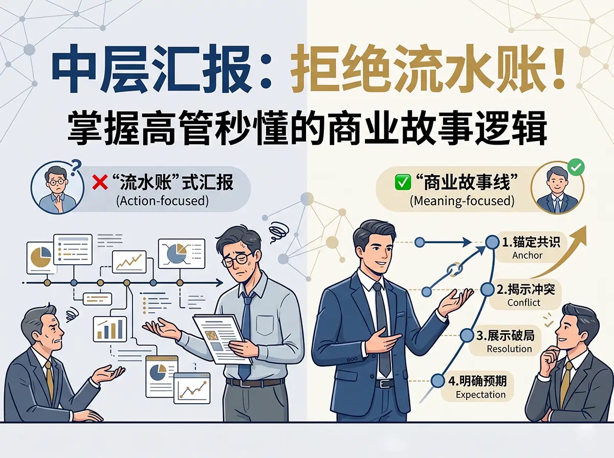 北极星OKR知识库官网-中层管理者必须要懂的工作汇报逻辑：从“流水账”到“商业故事线”插图